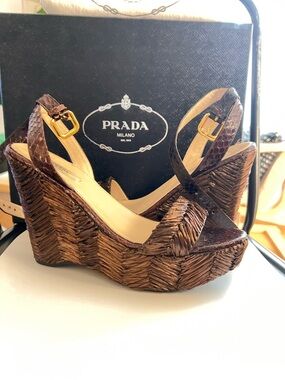 Prada Brown Woven Raffia and Leather Platform Wedge Sandals